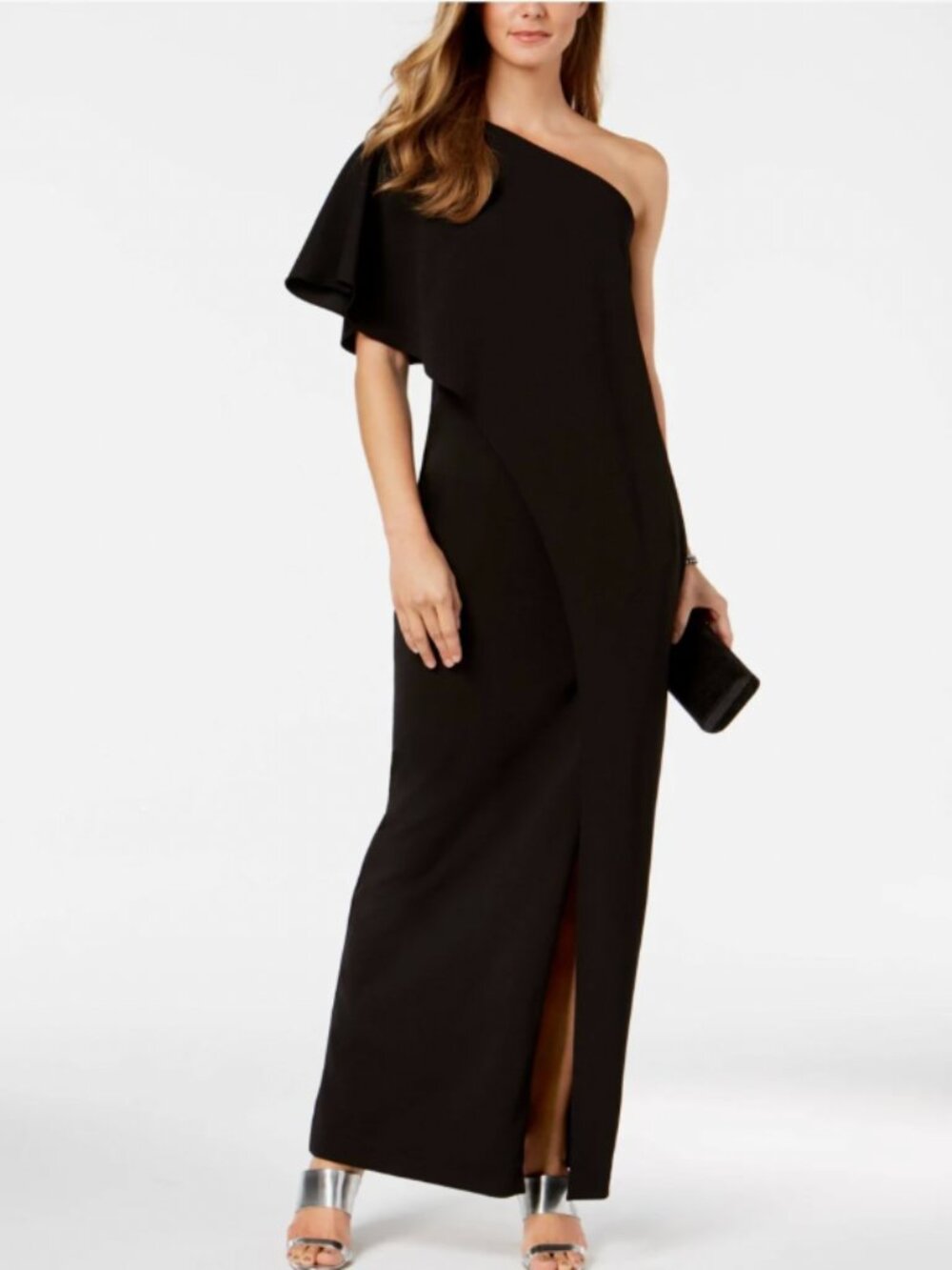 Adrianna Papell Stretch One Shoulder Drape Cape Asymmetrical Black Gown